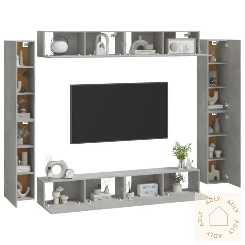 Tv-Skapsett 8 Deler Betonggrå Konstruert Tre