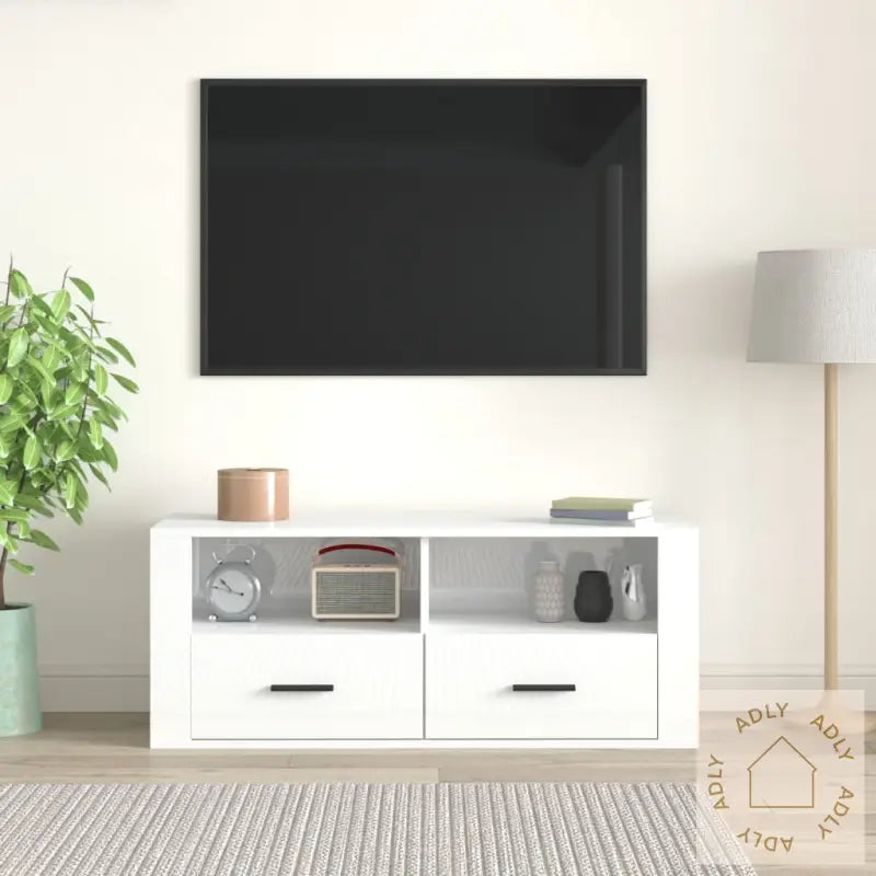 Tv-Benk Høyglans Hvit 100X35X40 Cm Konstruert Tre