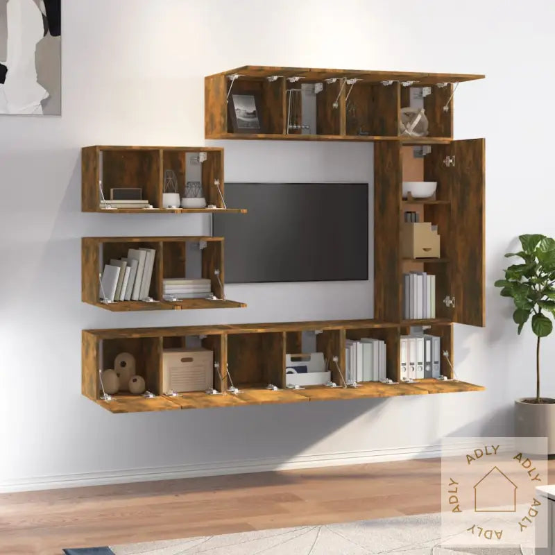 Tv-Skapsett 8 Deler Røkt Eik Konstruert Tre