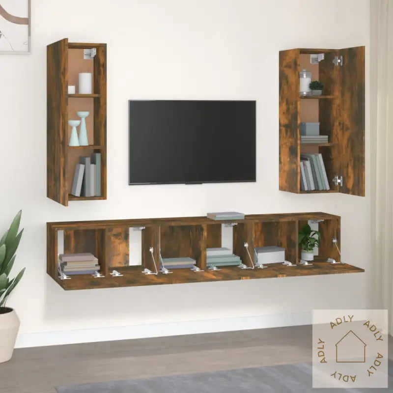 Tv-Skapsett 5 Deler Røkt Eik Konstruert Tre