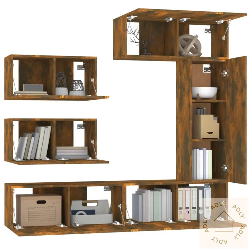 Tv-Skapsett 6 Deler Røkt Eik Konstruert Tre