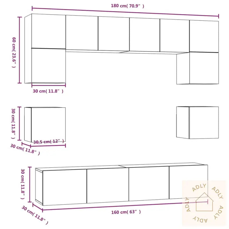 Tv-Skapsett 8 Deler Betonggrå Konstruert Tre