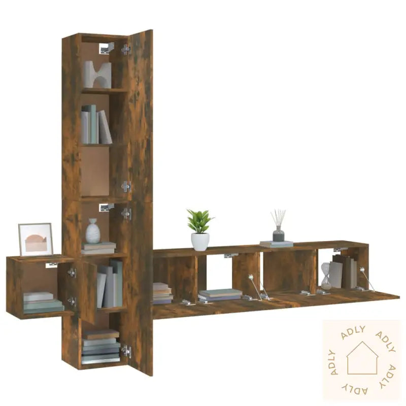 Tv-Skapsett 5 Deler Røkt Eik Konstruert Tre