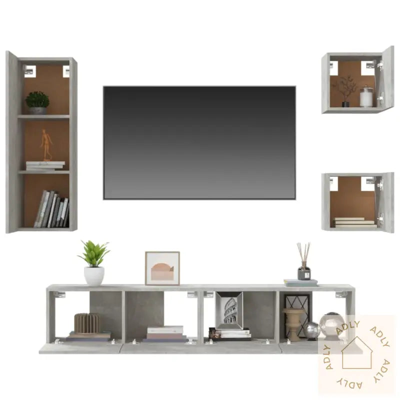 Tv-Skapsett 5 Deler Betonggrå Konstruert Tre