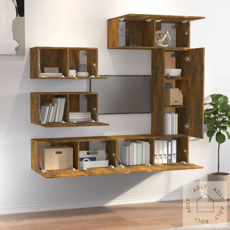 Tv-Skapsett 6 Deler Røkt Eik Konstruert Tre