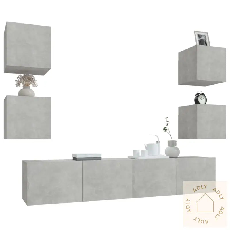 Tv-Skapsett 6 Deler Betonggrå Konstruert Tre