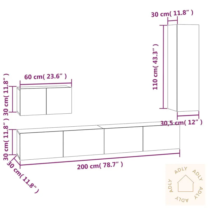 Tv-Skapsett 4 Deler Betonggrå Konstruert Tre