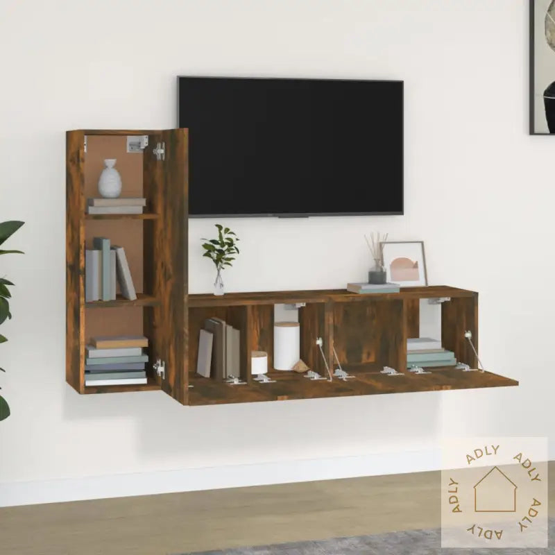 Tv-Skapsett 3 Deler Røkt Eik Konstruert Tre
