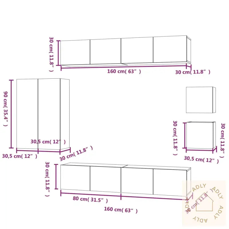 Tv-Skapsett 8 Deler Betonggrå Konstruert Tre
