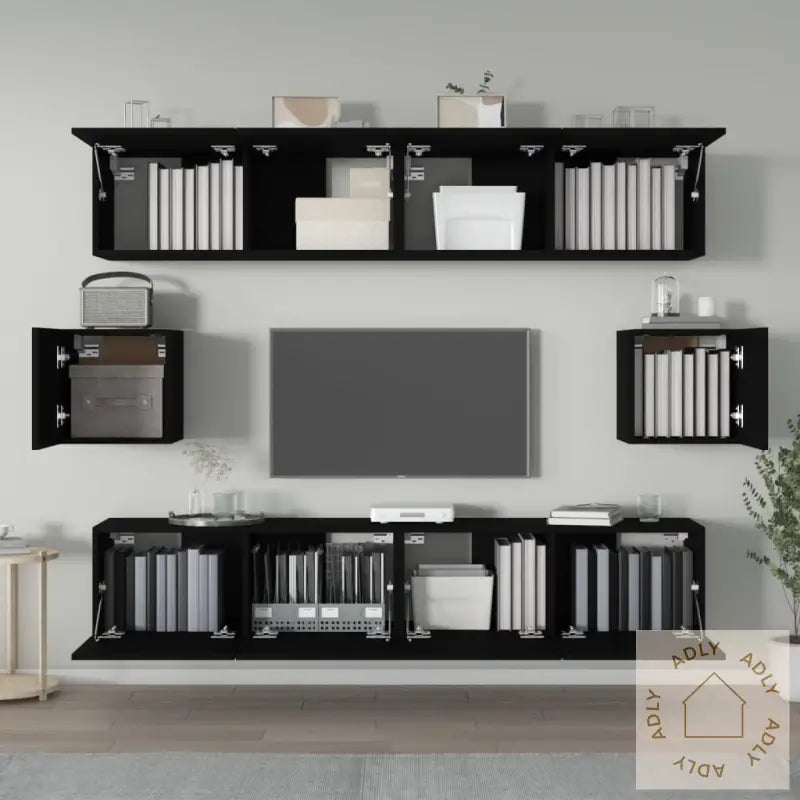 Tv-Skapsett 6 Deler Svart Konstruert Tre