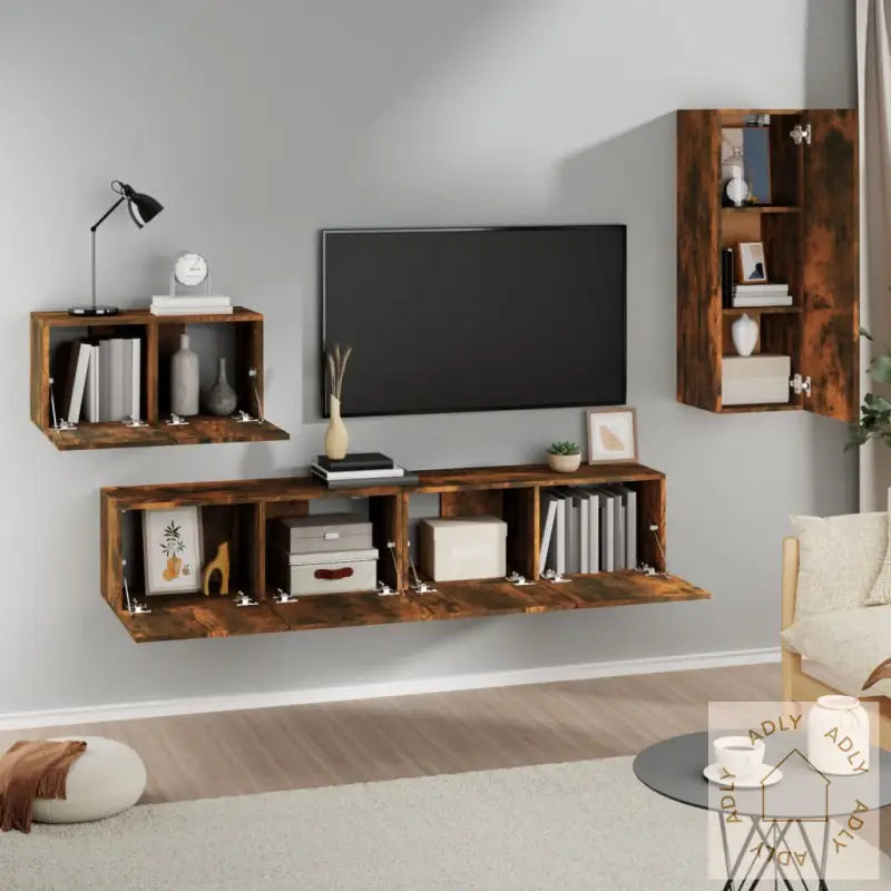 Tv-Skapsett 4 Deler Røkt Eik Konstruert Tre