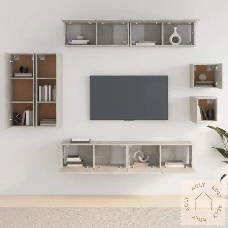 Tv-Skapsett 8 Deler Betonggrå Konstruert Tre