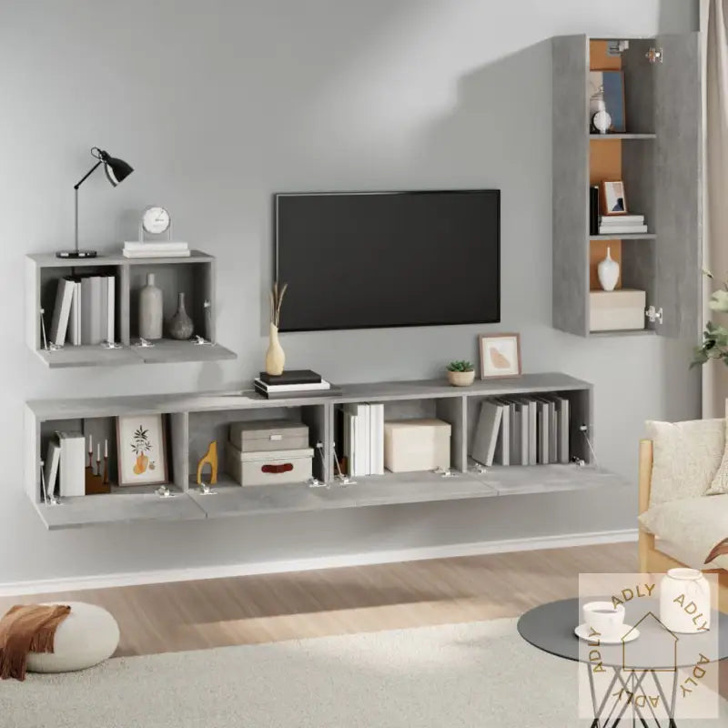 Tv-Skapsett 4 Deler Betonggrå Konstruert Tre