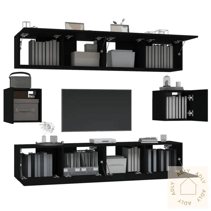 Tv-Skapsett 6 Deler Svart Konstruert Tre