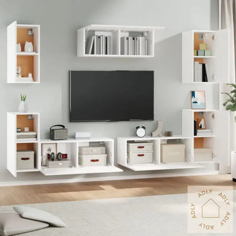 Tv-Skapsett 7 Deler Hvit Konstruert Tre