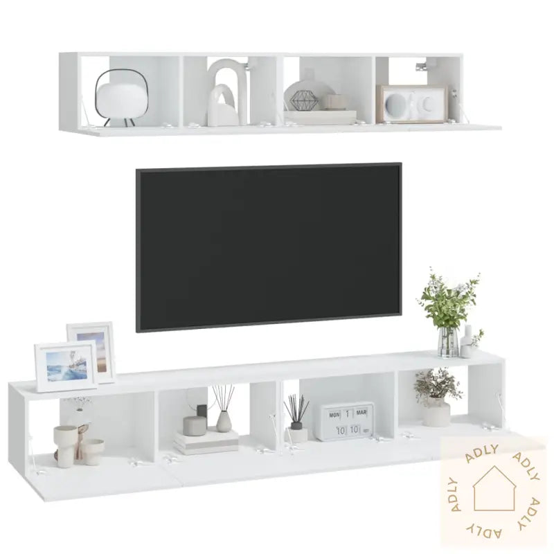 Tv-Benksett 4 Deler Hvit Konstruert Tre