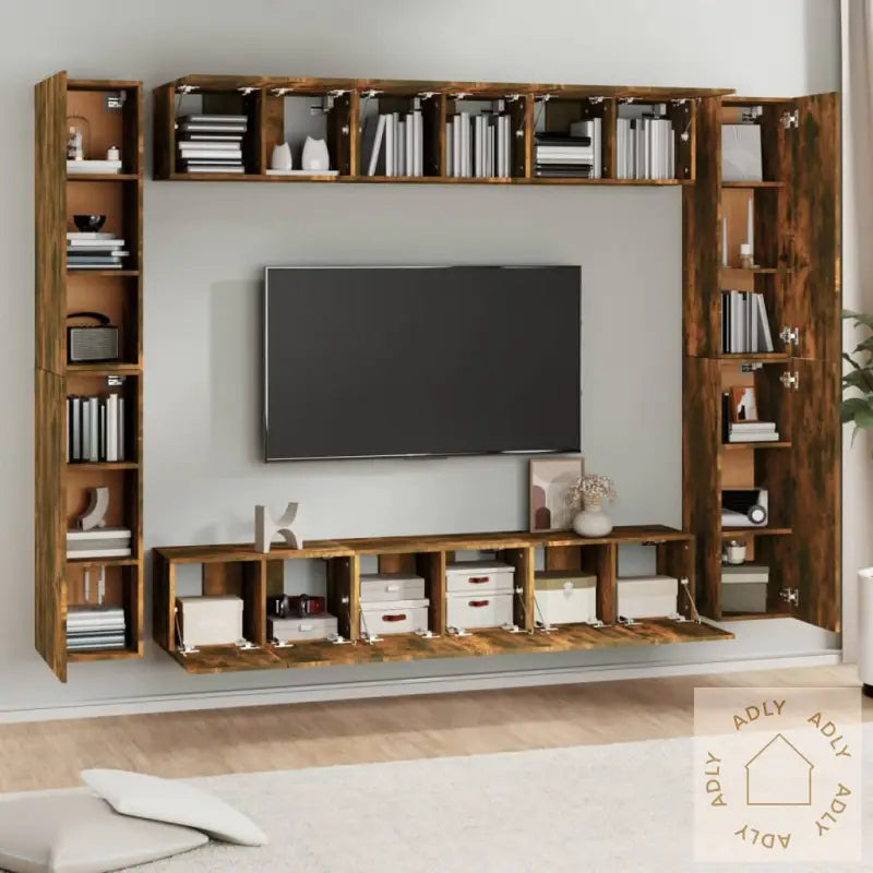 Tv-Skapsett 10 Deler Røkt Eik Konstruert Tre