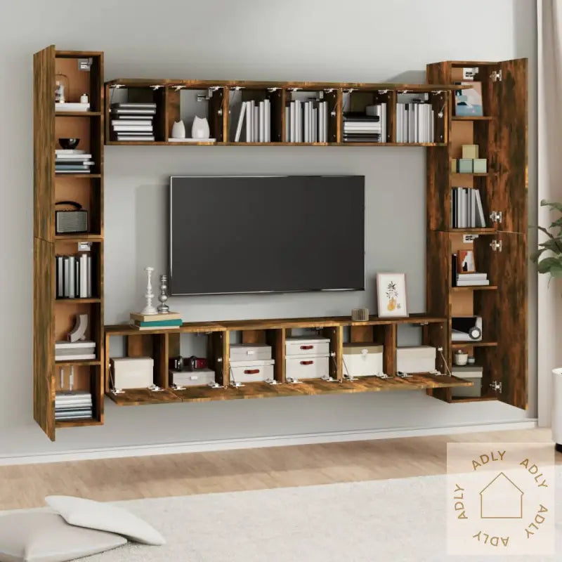 Tv-Skapsett 10 Deler Røkt Eik Konstruert Tre