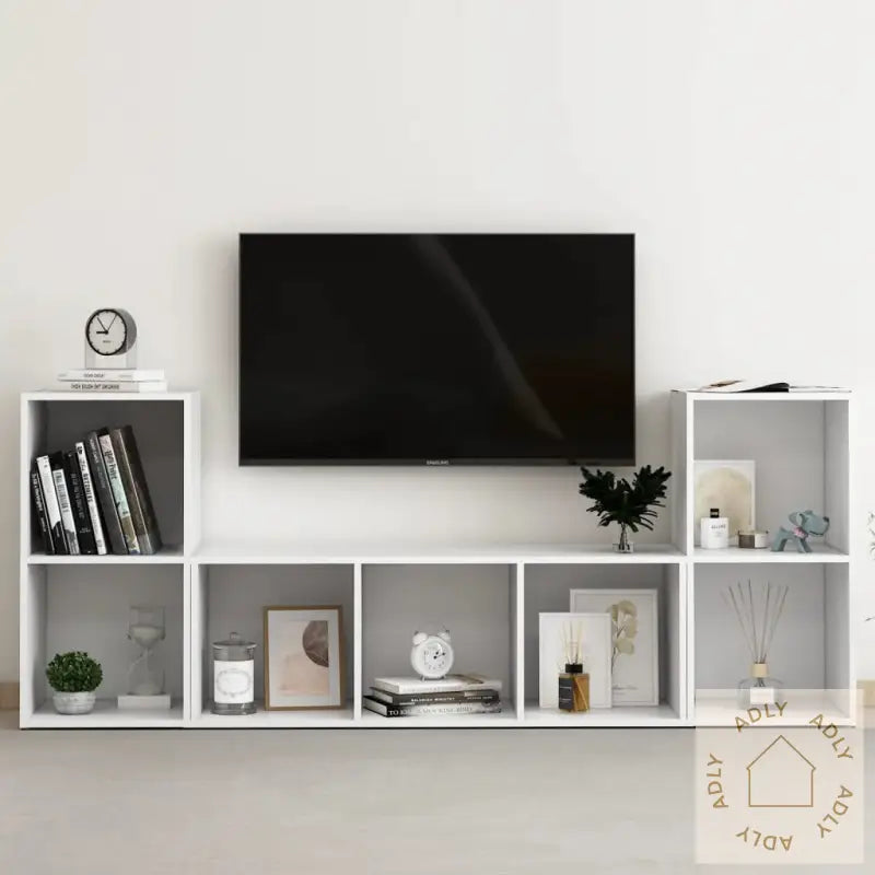 Tv-Benksett 3 Deler Hvit Konstruert Tre