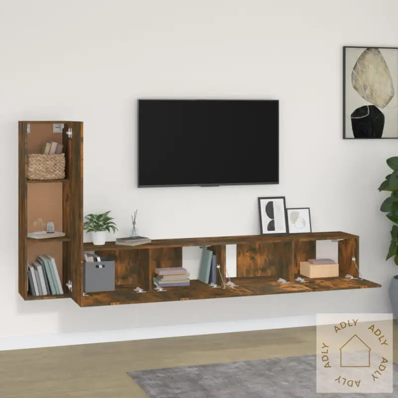 Tv-Skapsett 3 Deler Røkt Eik Konstruert Tre