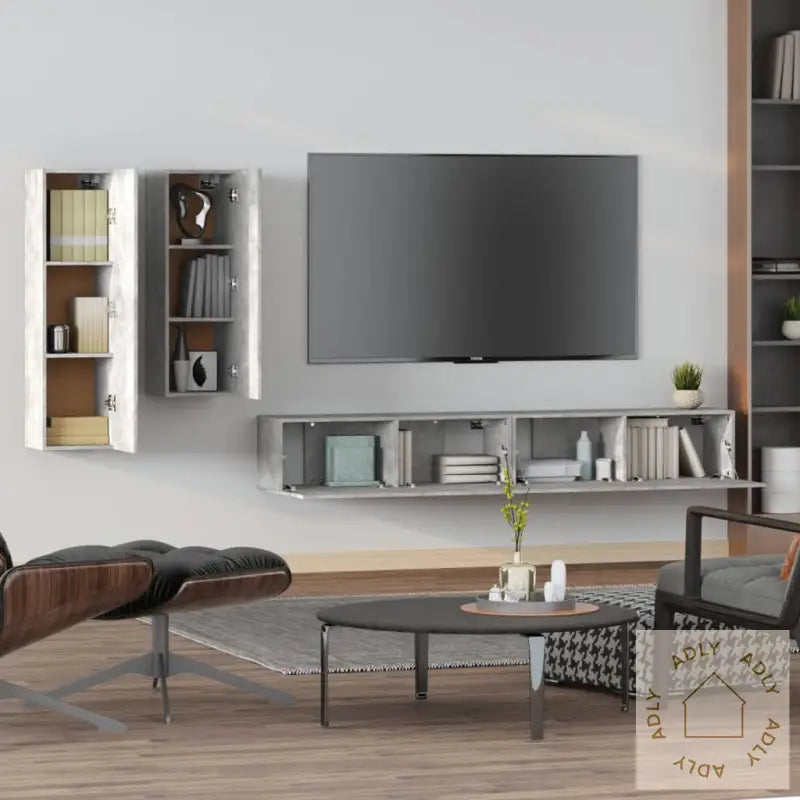 Tv-Skapsett 4 Deler Betonggrå Konstruert Tre