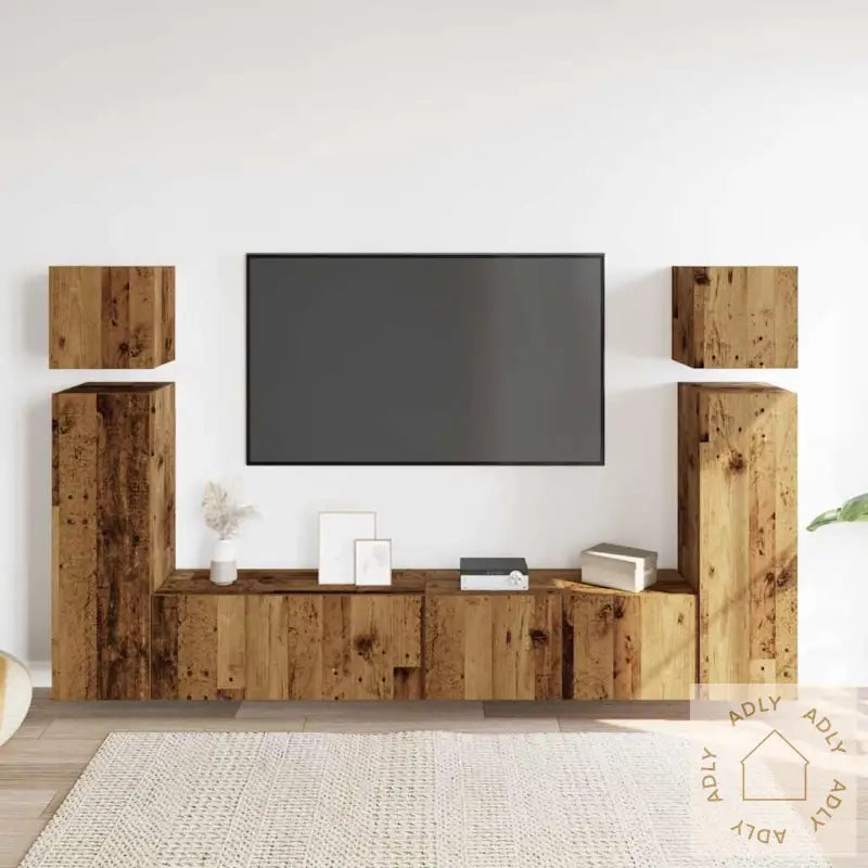 Tv-Skapsett 8 Deler Veggmontert Gammelt Tre Konstruert Tre