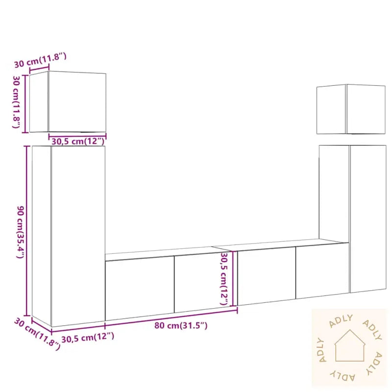 Tv-Skapsett 8 Deler Veggmontert Gammelt Tre Konstruert Tre