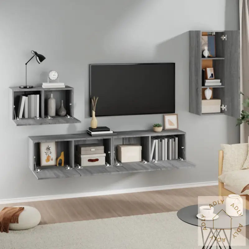 Tv-Skapsett 4 Deler Grå Sonoma Konstruert Tre