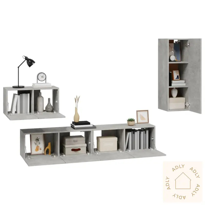 Tv-Skapsett 4 Deler Betonggrå Konstruert Tre
