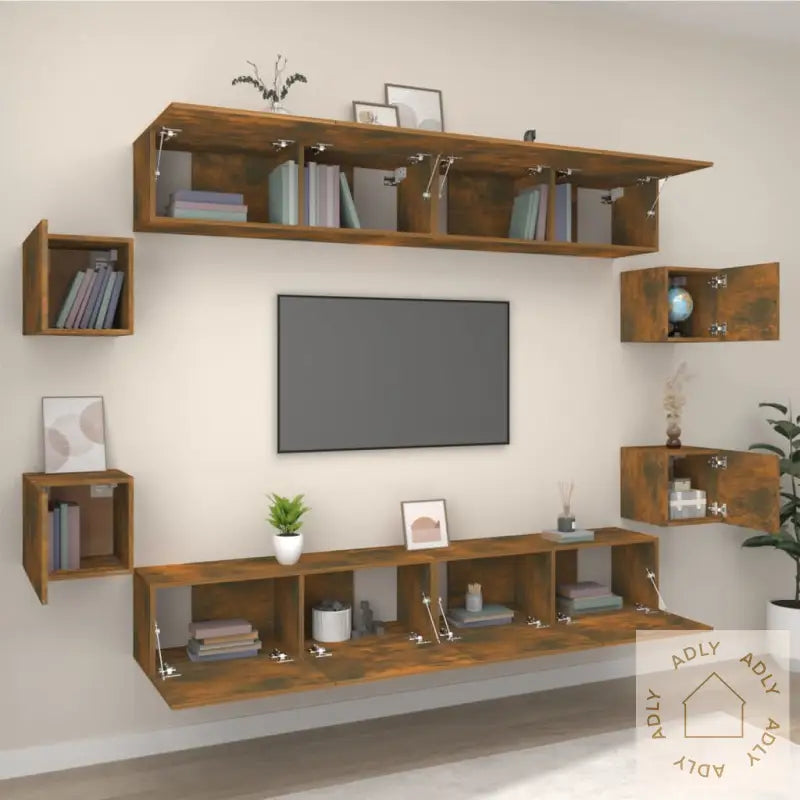 Tv-Skapsett 8 Deler Røkt Eik Konstruert Tre