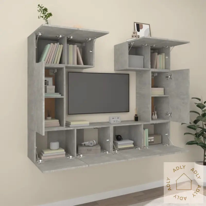 Tv-Skapsett 6 Deler Betonggrå Konstruert Tre
