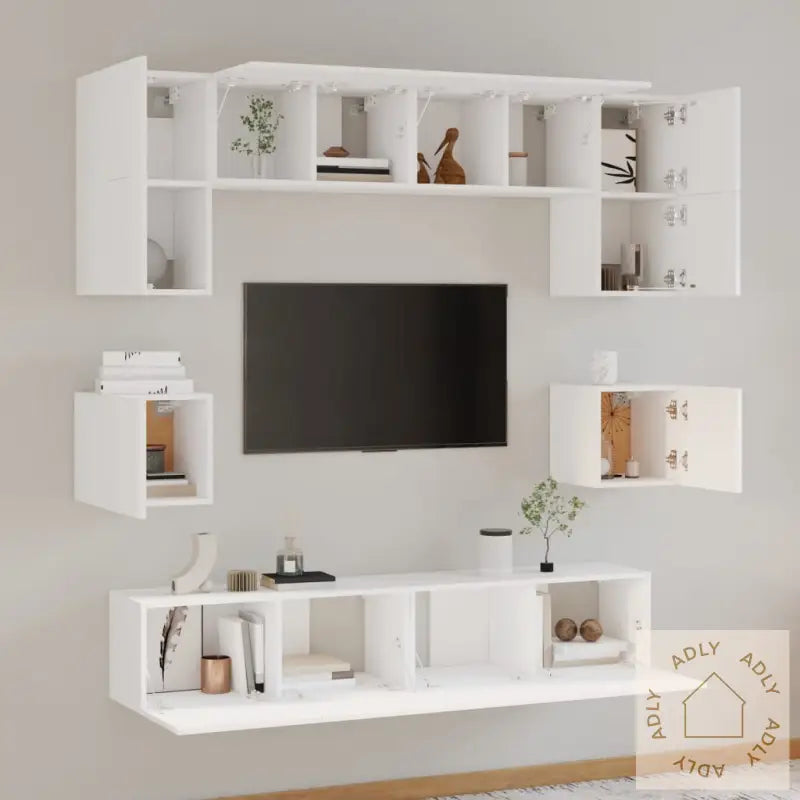 Tv-Skapsett 8 Deler Hvit Konstruert Tre