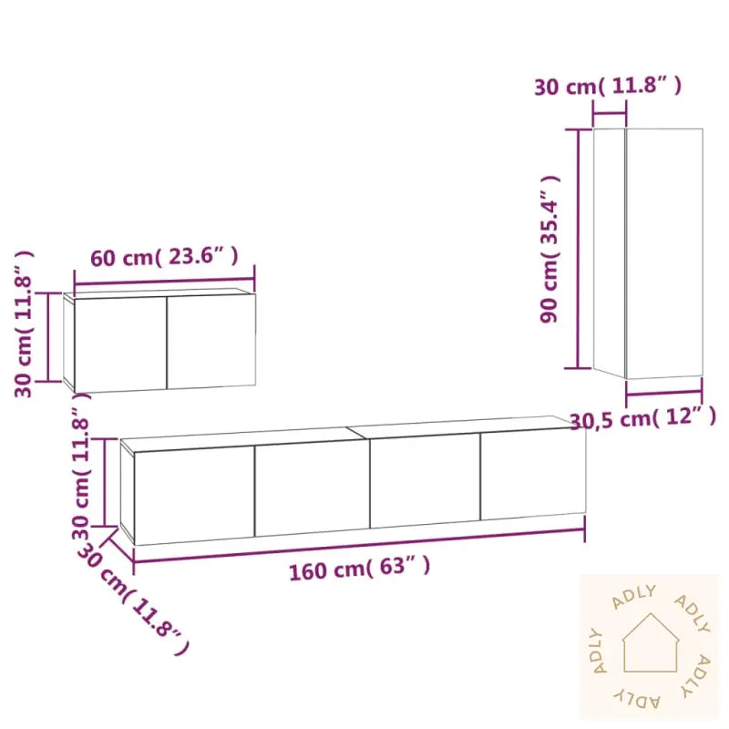 Tv-Skapsett 4 Deler Betonggrå Konstruert Tre