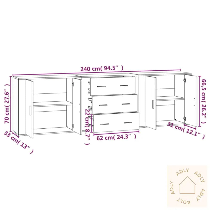Skjenker 3 Stk Betonggrå Konstruert Tre