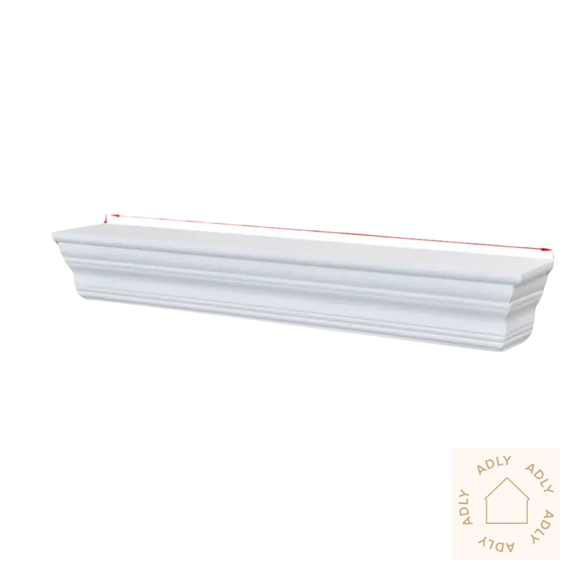 Hvitt dekorativt vegghyllesystem med dimensjoner, perfekt for klassiske vegghyller til hjemmet