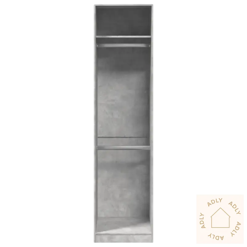 Tomt grått garderobeskap innside, solid og med kompakt design for organisering