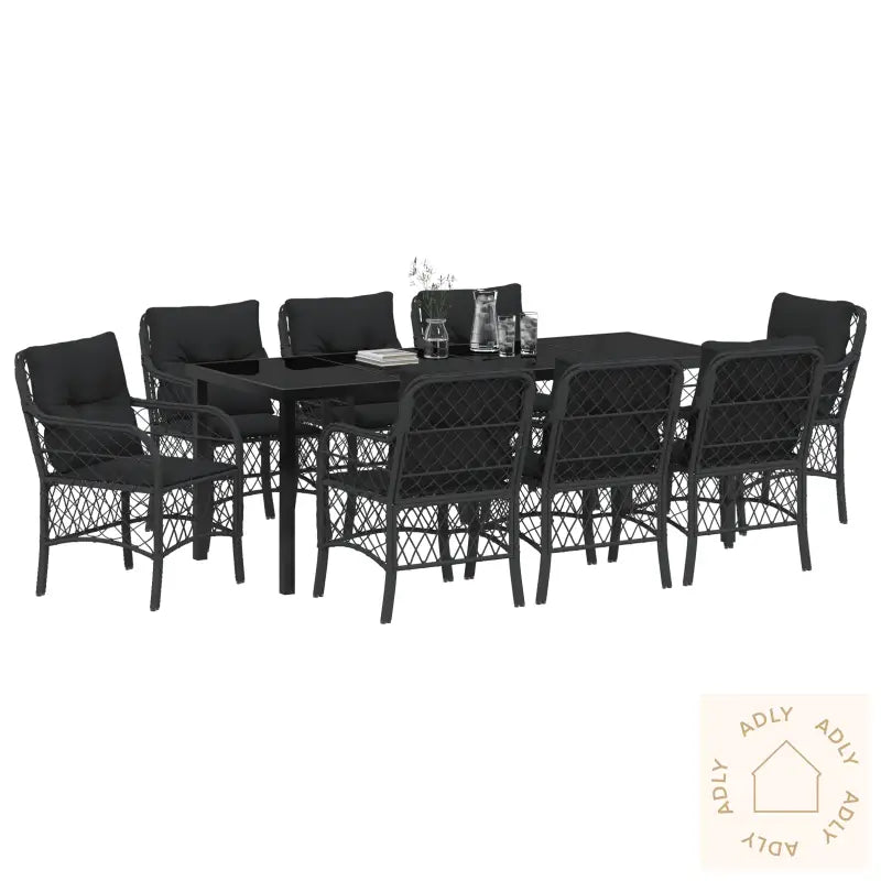 9 Delt Hage Spisestue Set Med Puter Svart Poly Rattan
