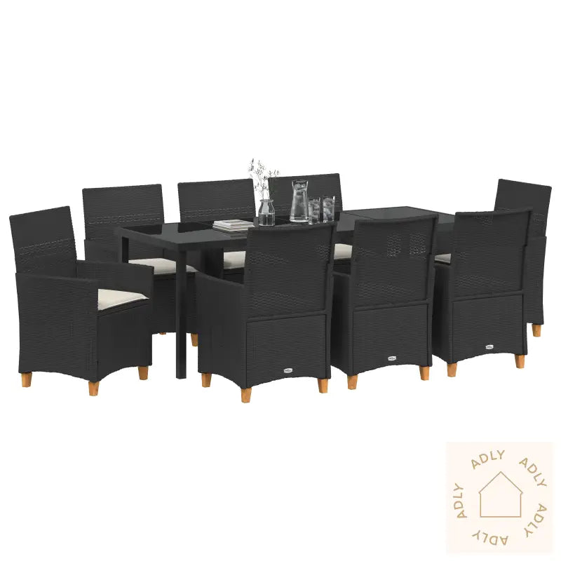 9-Delt Hage Spisebordsett Med Puter Svart Poly Rattan
