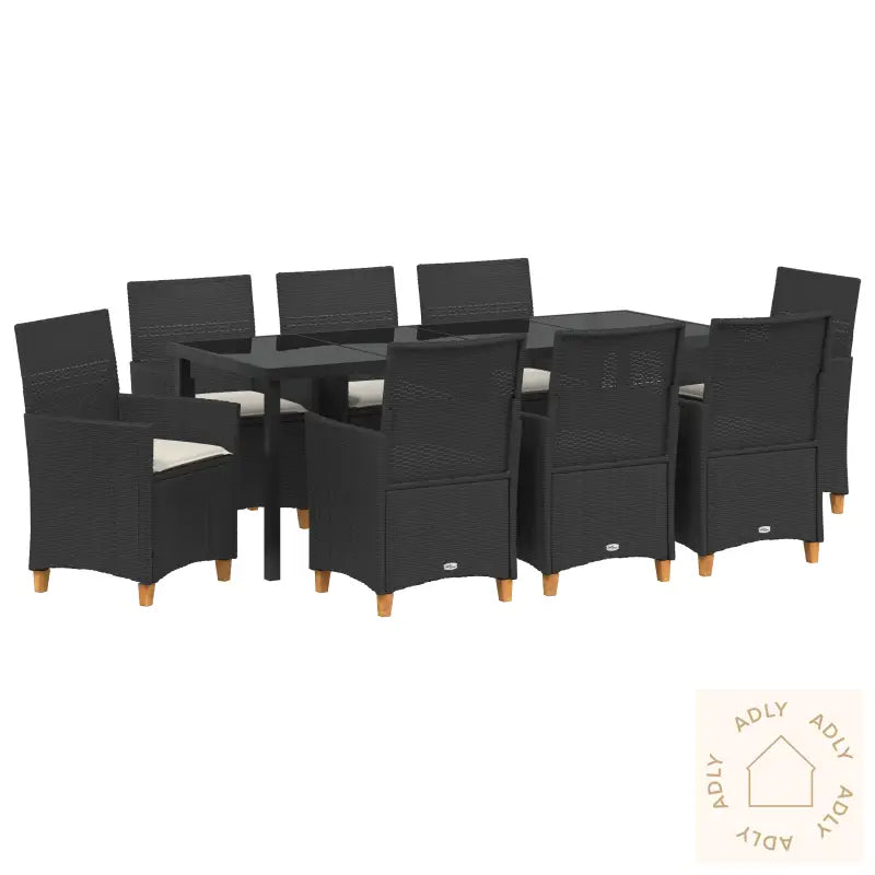 9-Delt Hage Spisebordsett Med Puter Svart Poly Rattan