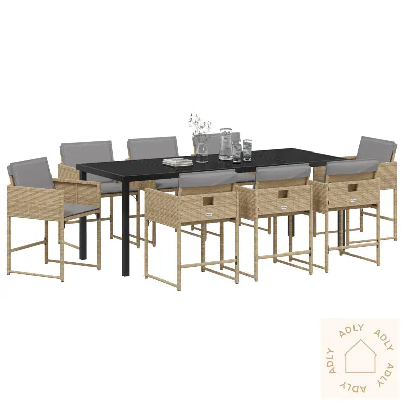 9 Delers Hage Spisebordsett Med Puter Beige Poly Rattan