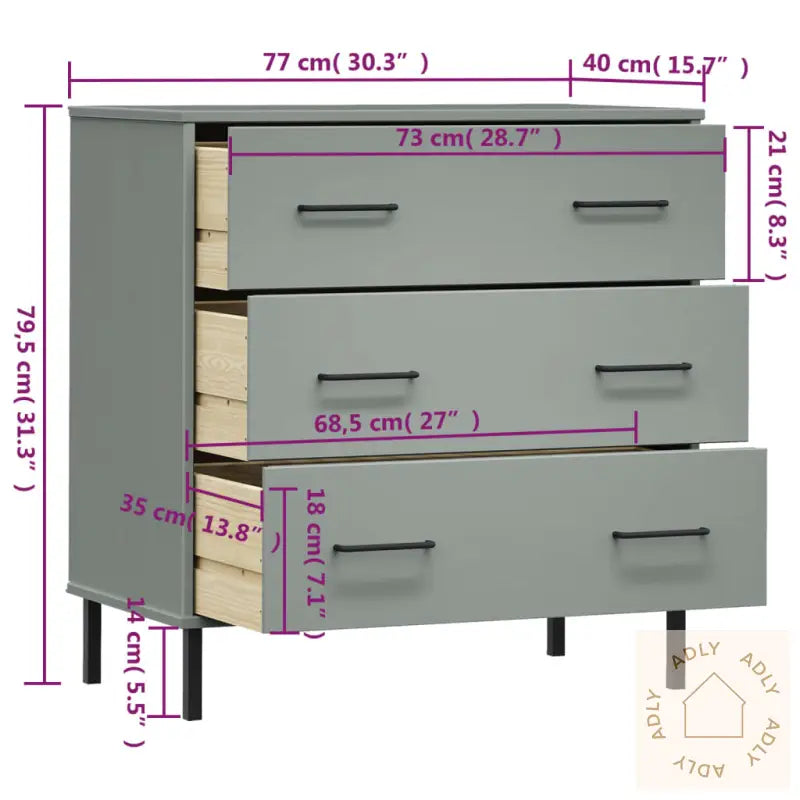 Skjenk Med 3 Skuffer Grå 77X40X79,5 Cm Heltre Oslo