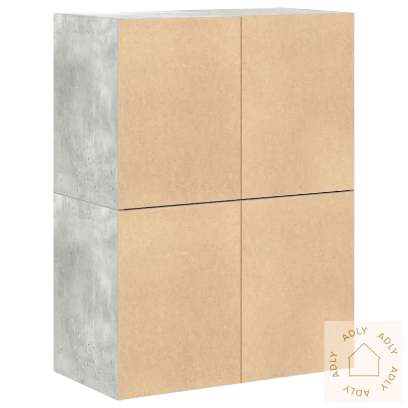 Seksjonsinndelt skap med betong og trelignende paneler for smart oppbevaring hjemme