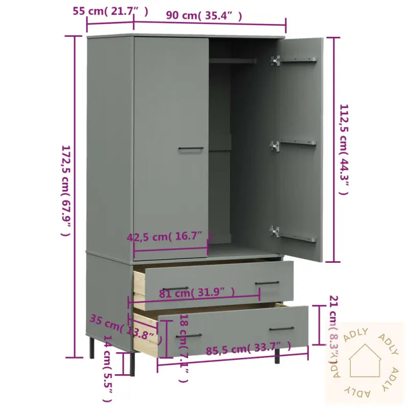 Garderobe Med Metallben Grå 90X55X172,5 Cm Heltre Oslo