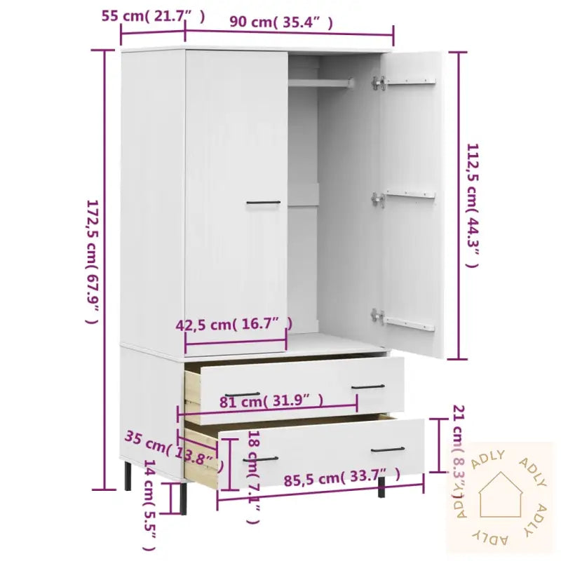 Garderobe Med Metallben Hvit 90X55X172,5 Cm Heltre Oslo