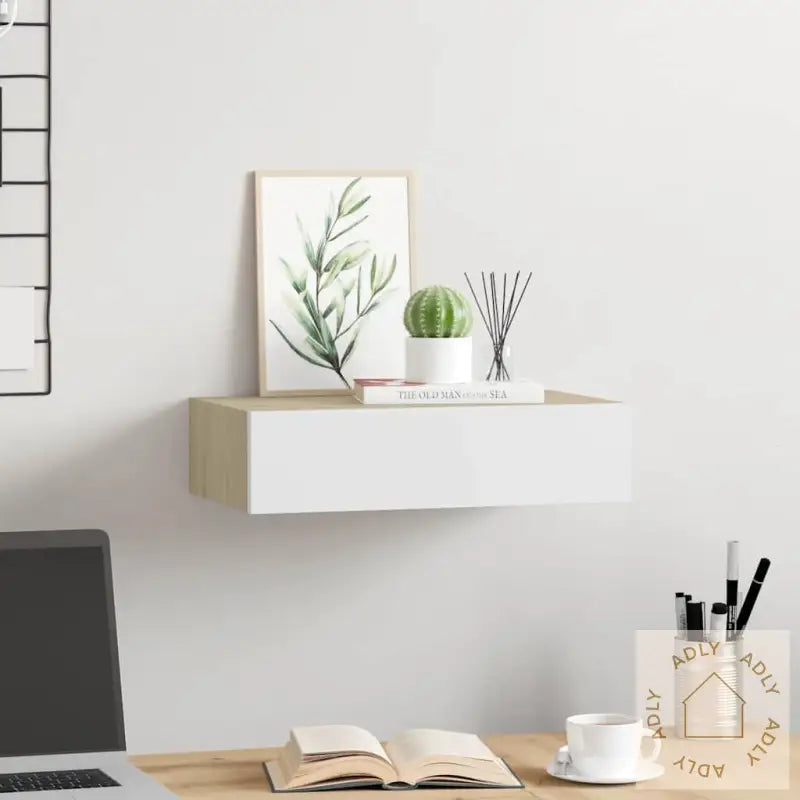 Veggmontert Skuffehylle Eik Og Hvit 40X23,5X10 Cm Mdf