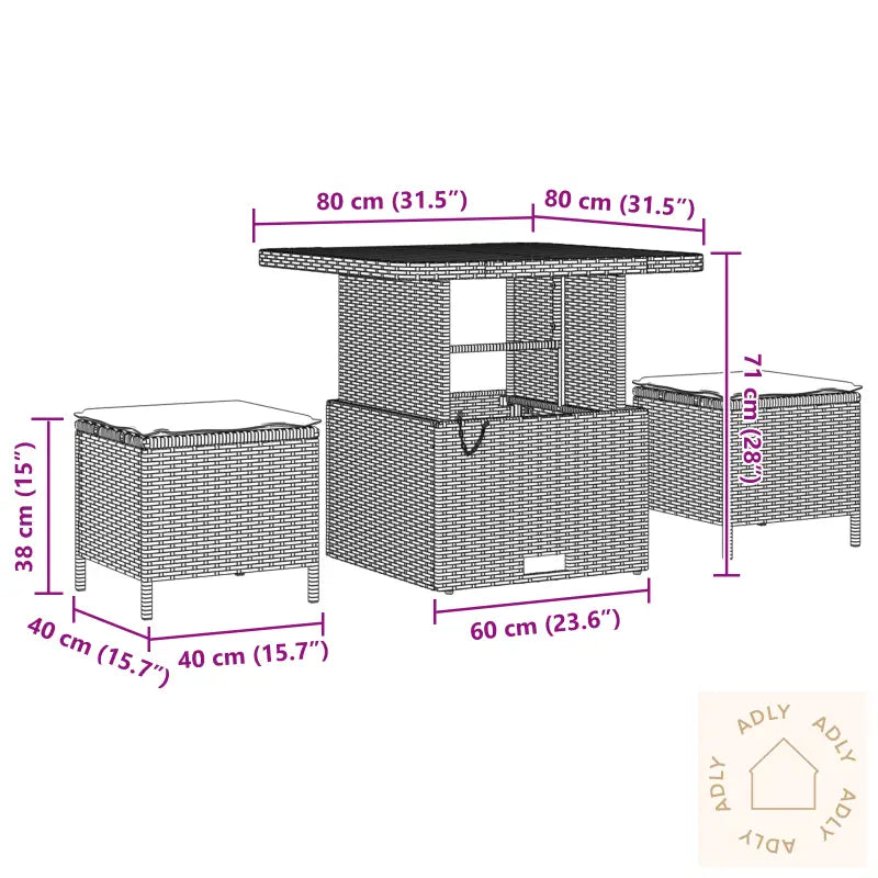 3-Delt Hage Spisebordsett Med Puter Svart Poly Rattan Acacia