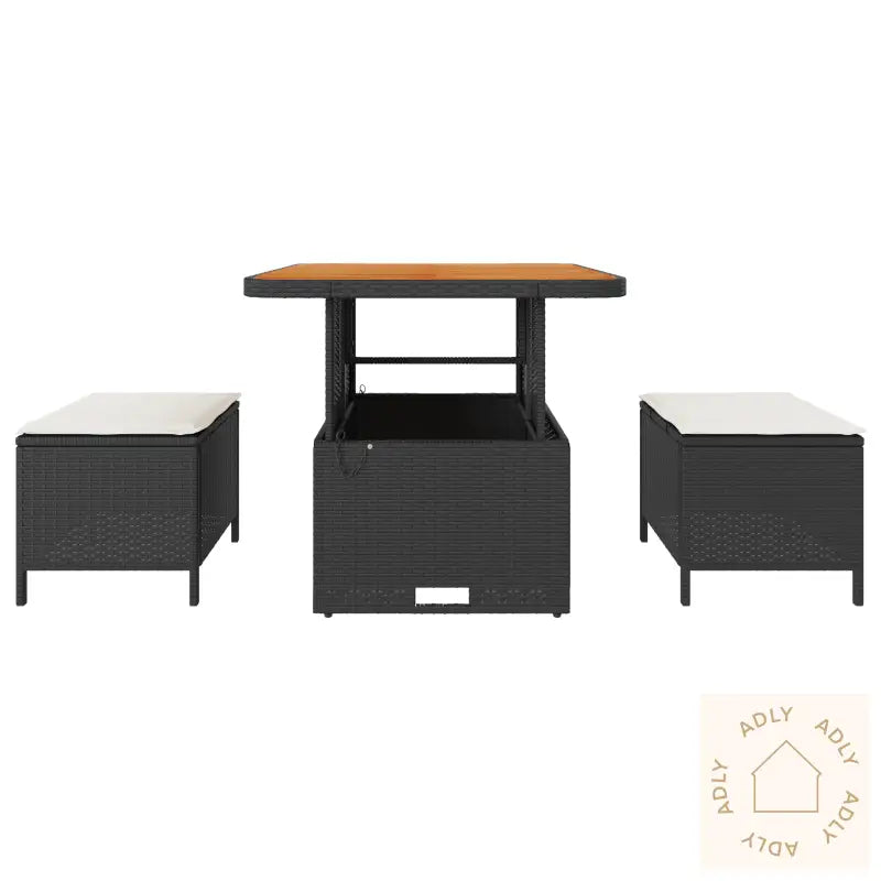 3-Delt Hage Spisebordsett Med Puter Svart Poly Rattan Acacia