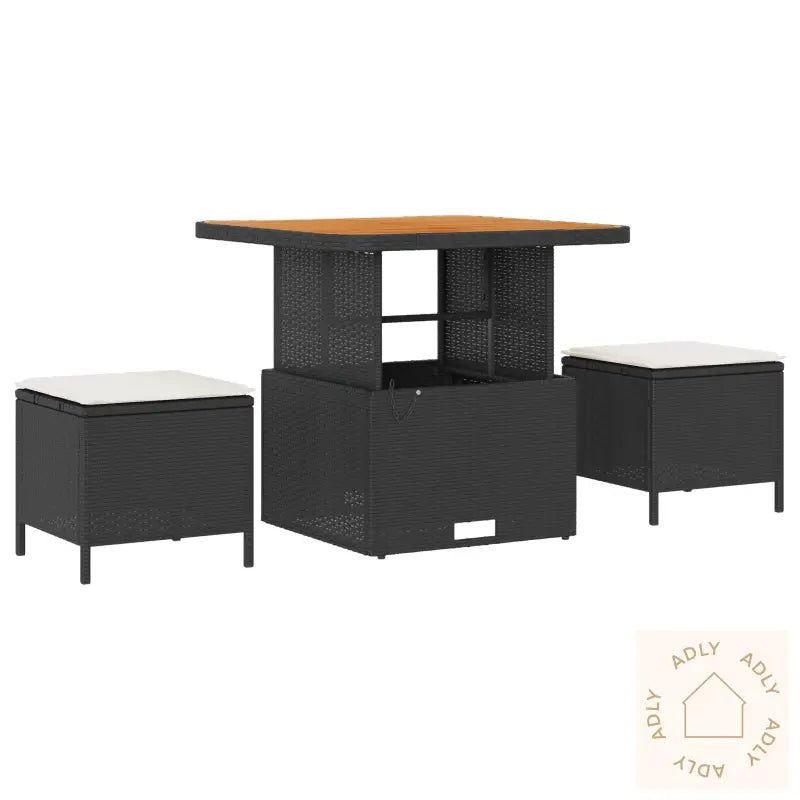 3-Delt Hage Spisebordsett Med Puter Svart Poly Rattan Acacia