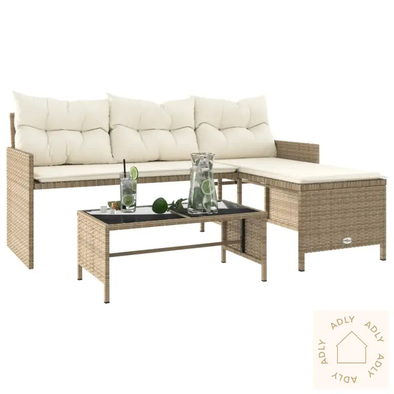 Hagesofa Med Bord Og Puter L-Formet Beige Polyrotting