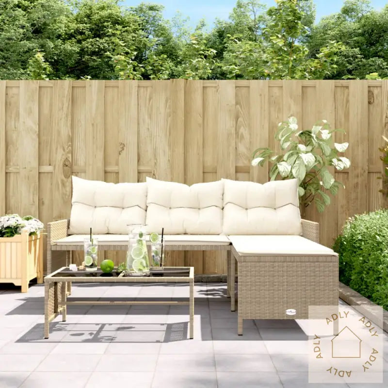 Hagesofa Med Bord Og Puter L-Formet Beige Polyrotting